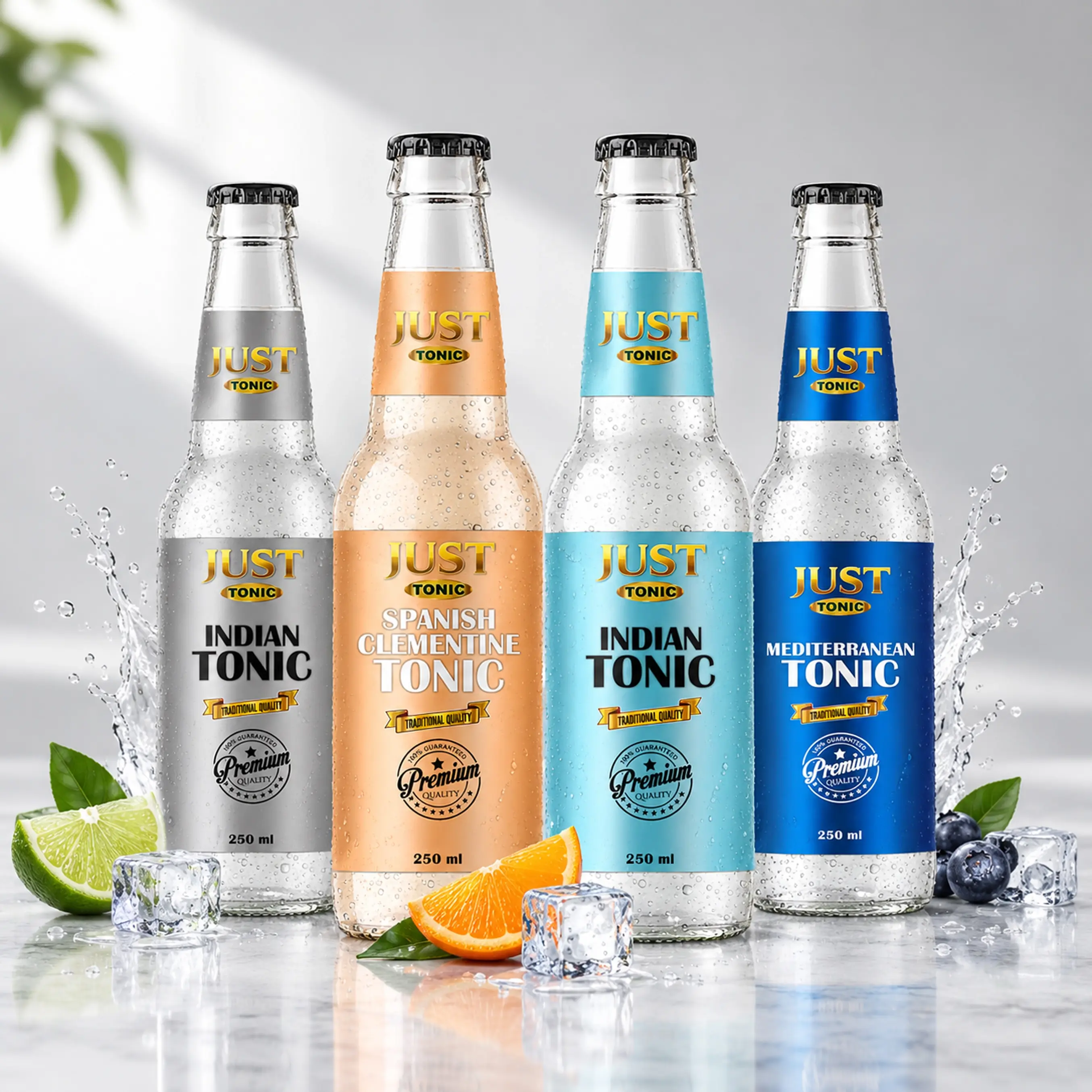 JUST Tonic 250 ml glass bottles featuring Indian Tonic, Spanish Clementine, Indian Tonic, and Mediterranean Tonic flavours with citrus and ice.